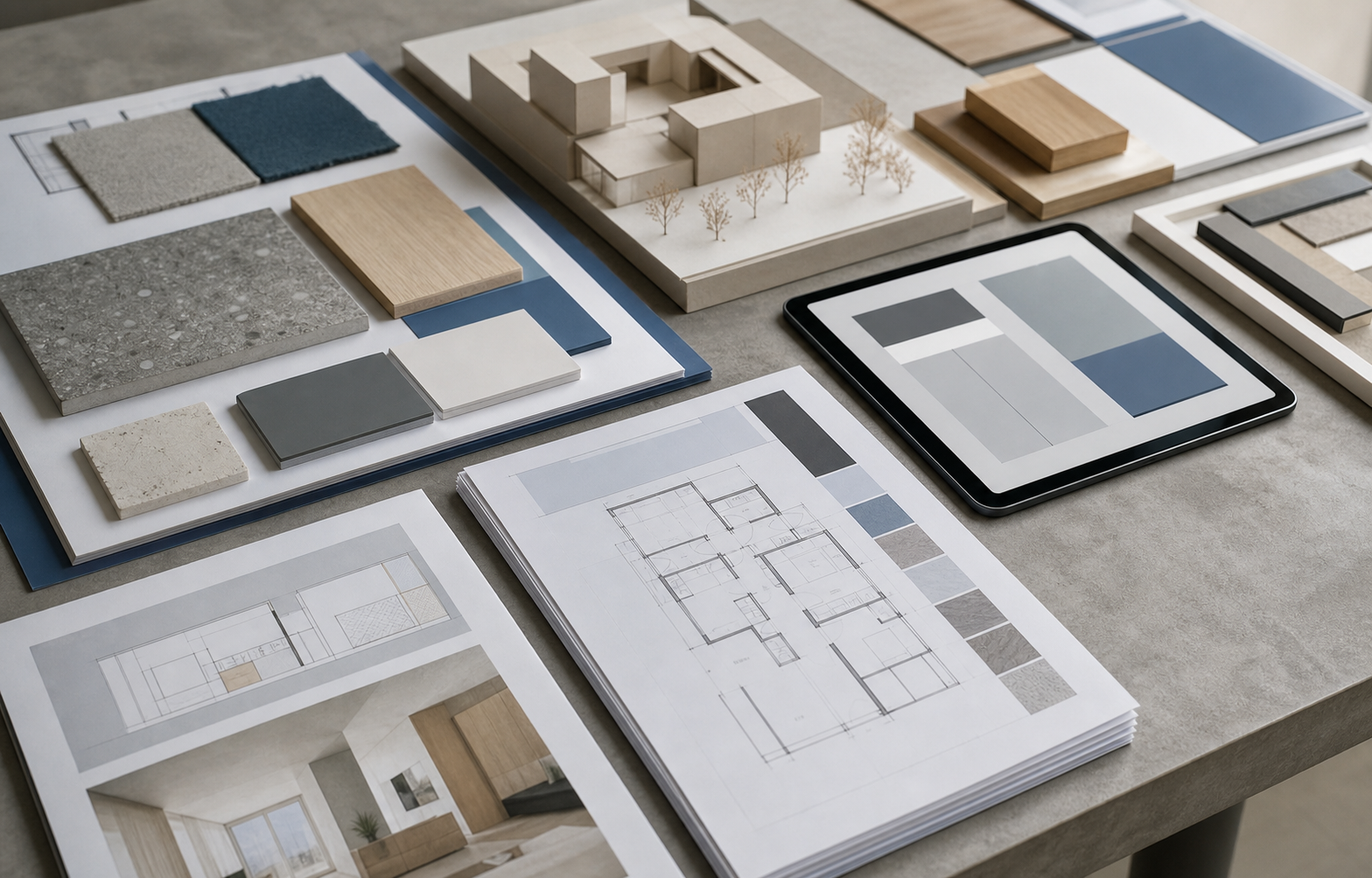 Dossier de plans, échantillons et maquette d’étude pour architecture intérieure.